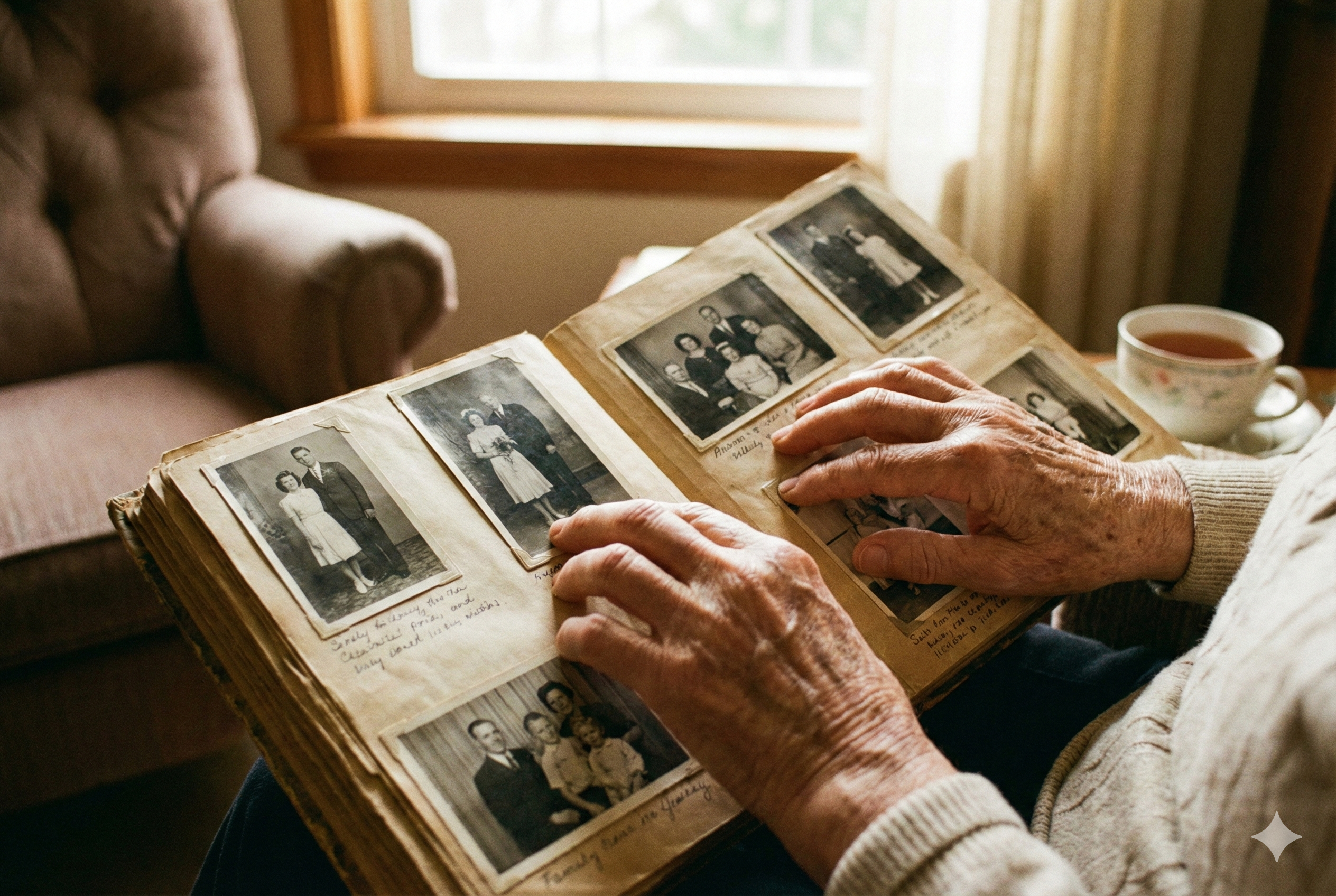 Hände halten ein Fotoalbum mit alten Erinnerungen